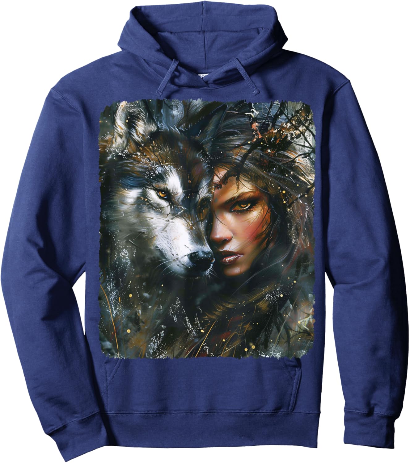 Beautiful Painting of a Woman with her Wolf Hoodie - Hoodie | Navy