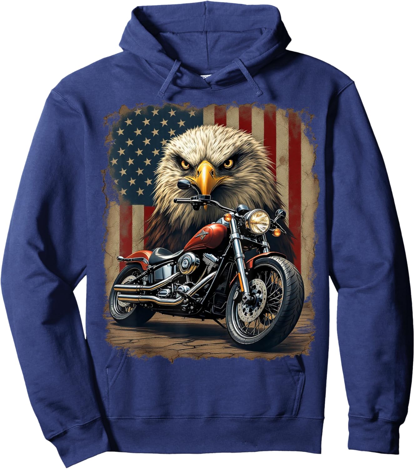 Motorcycle USA Flag Retro Biker Chopper Hoodie - Hoodie | Navy