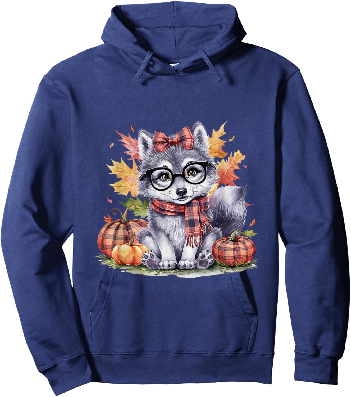 Fall Pumpkin Cute Wolf Fall Autumn Thanksgiving Hoodie - Hoodie | Navy