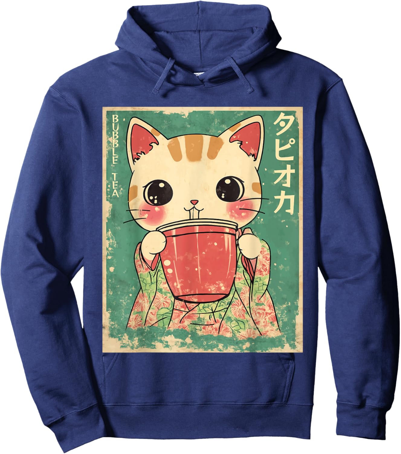 Kawaii Japanese Kimono Cat Bubble Tea Art Hoodie - Hoodie | Navy