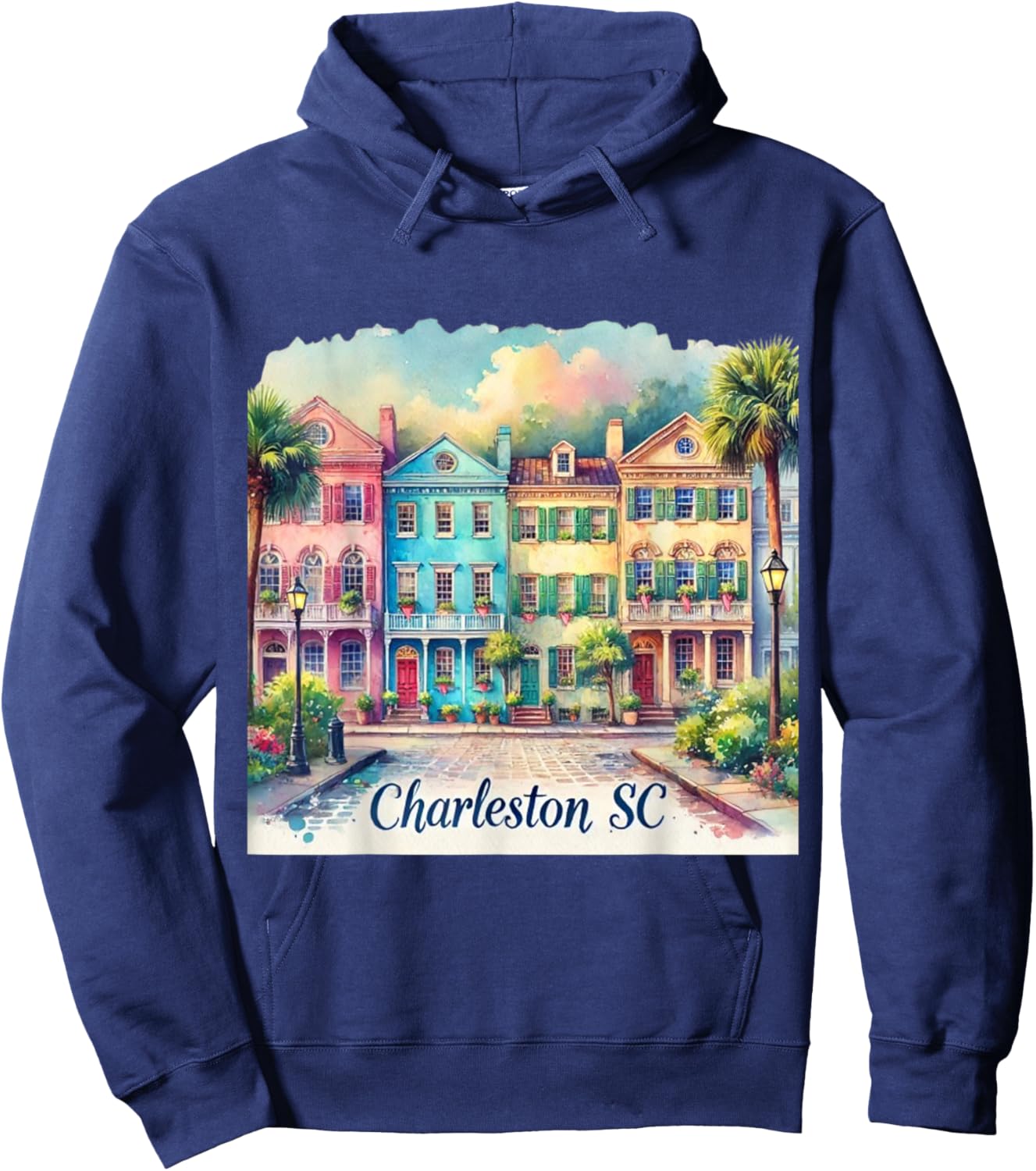 Charleston SC Rainbow Row Colorful Houses Hoodie - Hoodie | Navy