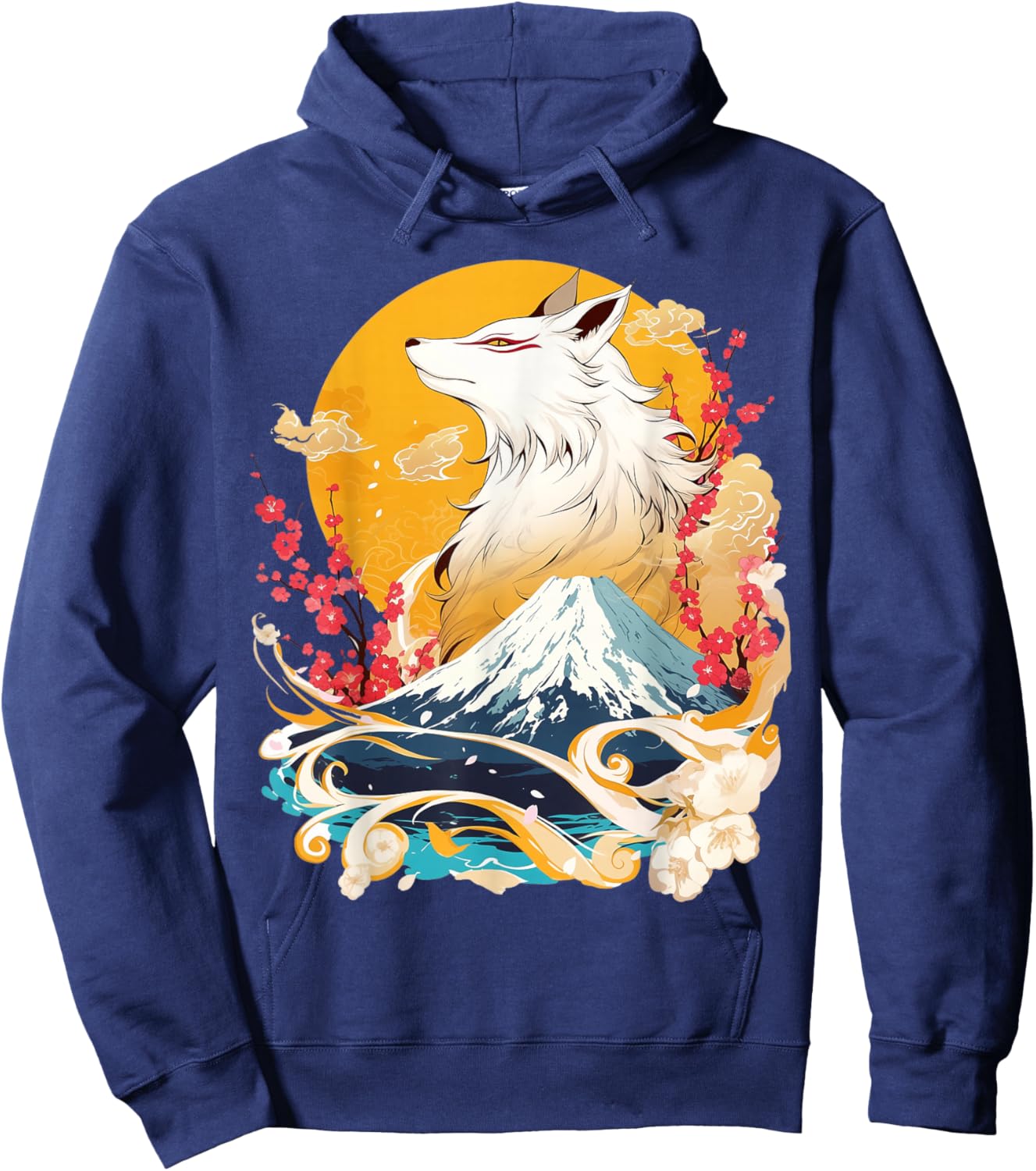 Kitsune Fox with Cherry Blossom Landscape Hoodie - Hoodie | Navy