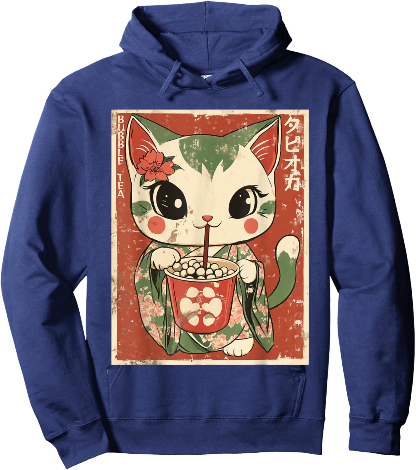 Kawaii Japanese Kimono Cat Bubble Tea Art Hoodie - Hoodie | Navy
