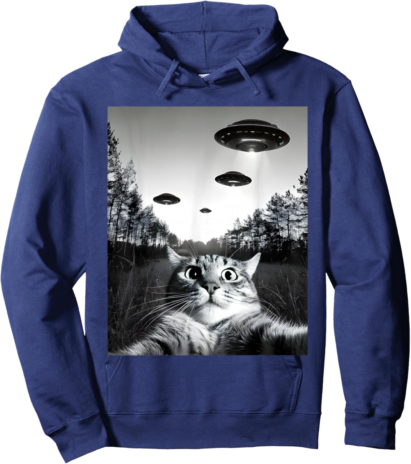 Funny Cat Selfie with UFOs Hoodie - Hoodie | Navy