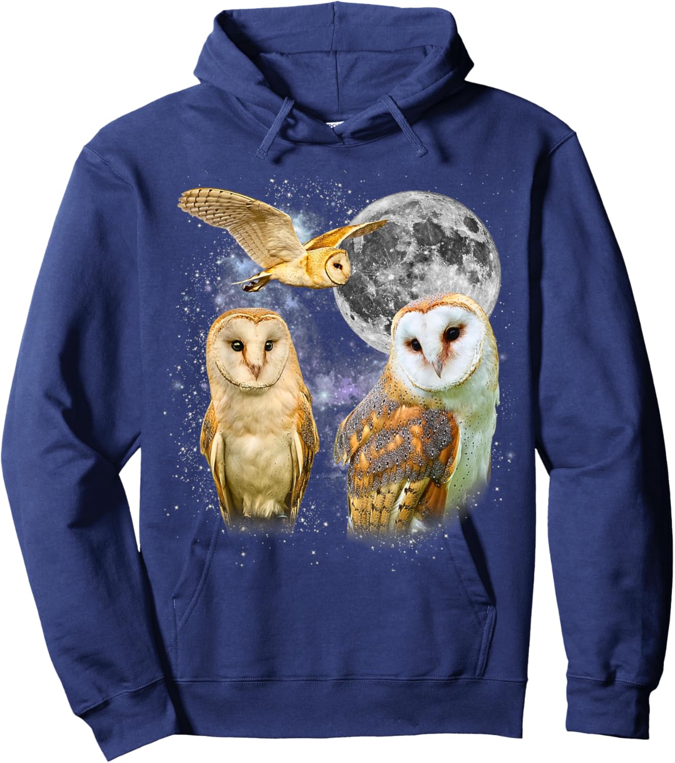 Three Barn Owl Moon Retro Graphic 90s Vintage Hoodie - Hoodie | Navy