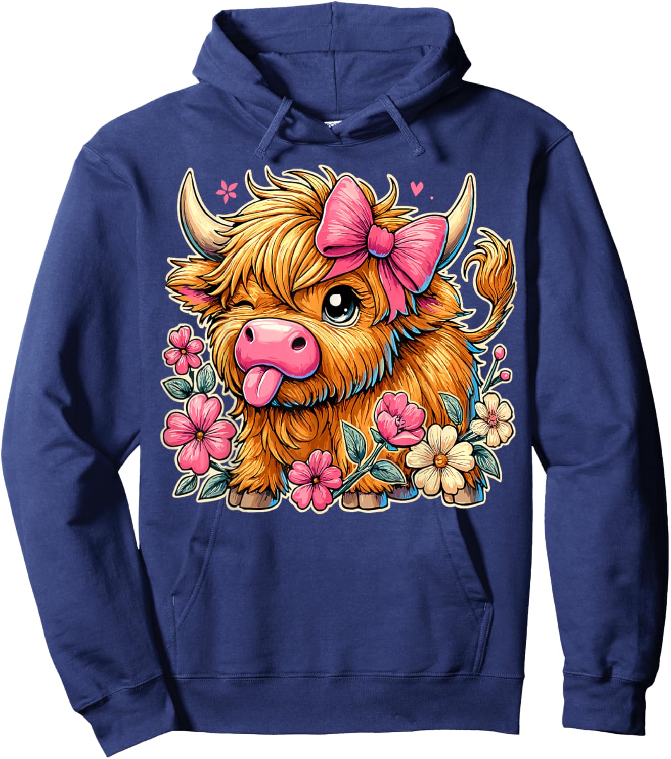 Cute Highland Cow with Bow and Flowers Hoodie - Hoodie | Navy