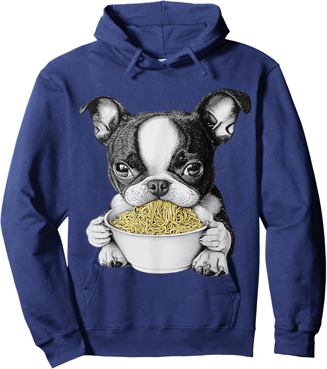 Cute Boston Terrier Puppy Eating Ramen Noodles Hoodie - Hoodie | Navy