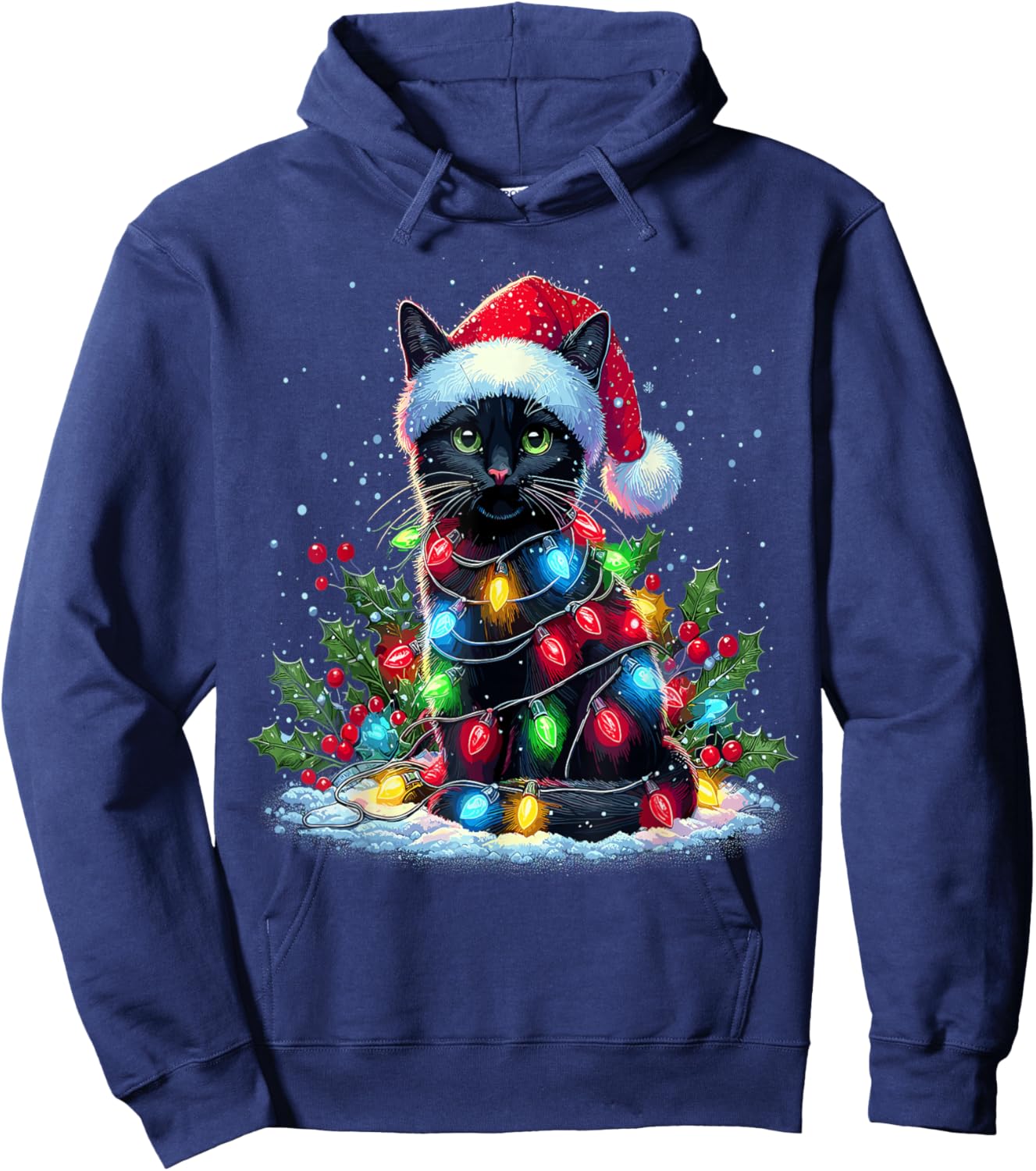 Black Cat Christmas Santa Hat Funny Meowy Cats Hoodie - Hoodie | Navy