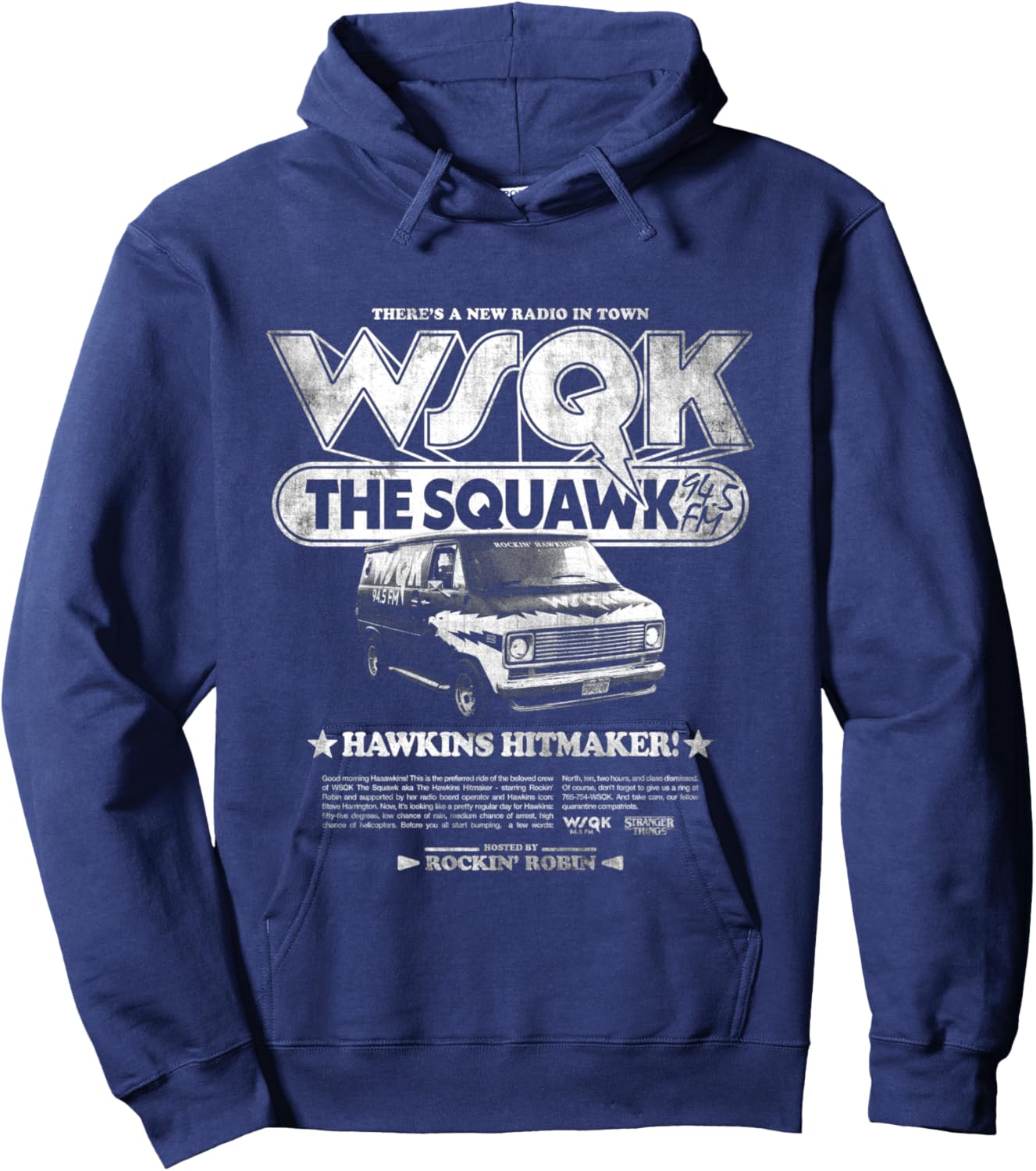 Stranger Things Hawkins Hitmaker WSQK Back Hoodie - Hoodie | Navy