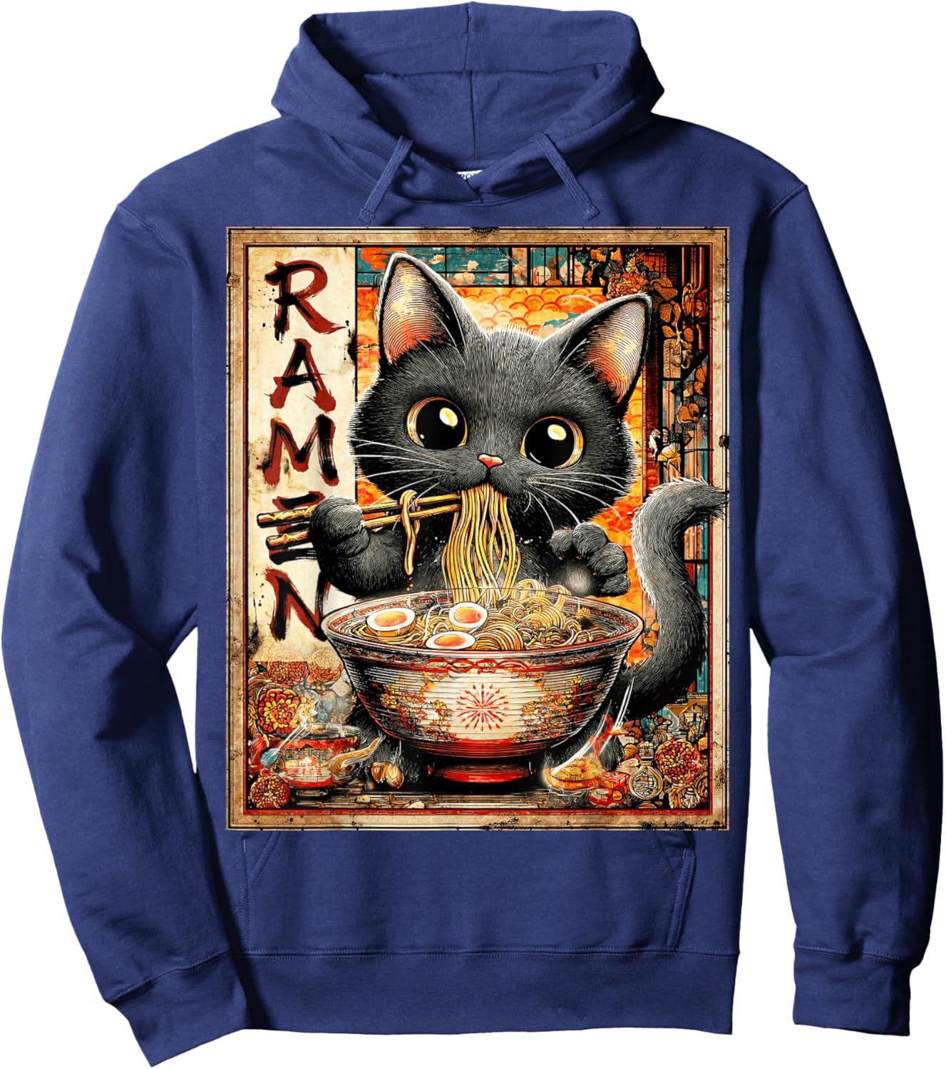 Funny Ramen Cat Anime Otaku Noodles Graphic Hoodie - Hoodie | Navy