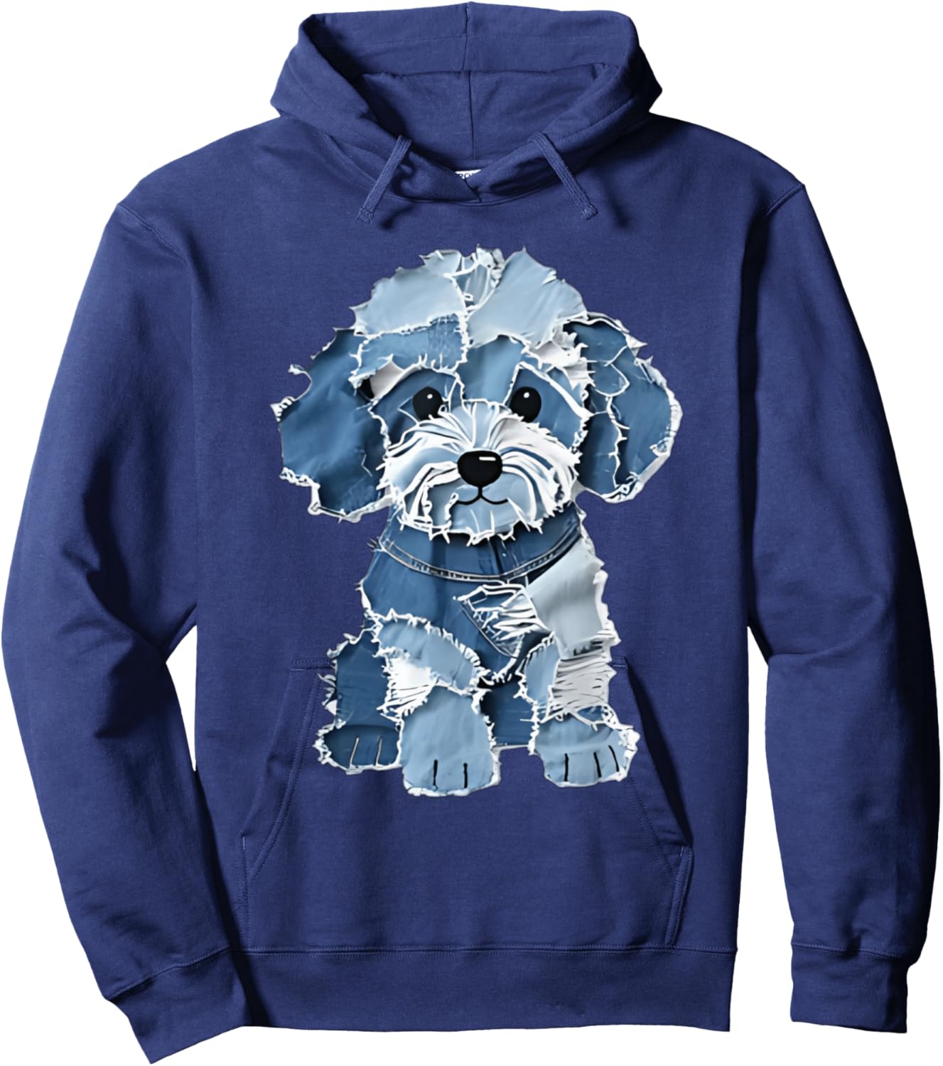 Cute Denim Patchwork Puppy Dog Art Hoodie - Hoodie | Navy