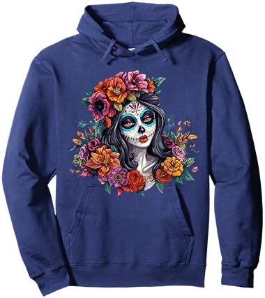 Day of The Dead Sugar Skull Woman Floral Crown Hoodie - Hoodie | Navy