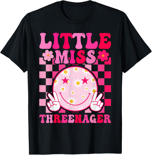 Little Miss Threenager 3rd Birthday Girl Outfit Retro Flower T-Shirt - T-Shirt | Black