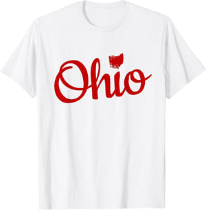 Ohio Shirt OH Red Script Love Home Pride Map Distressed