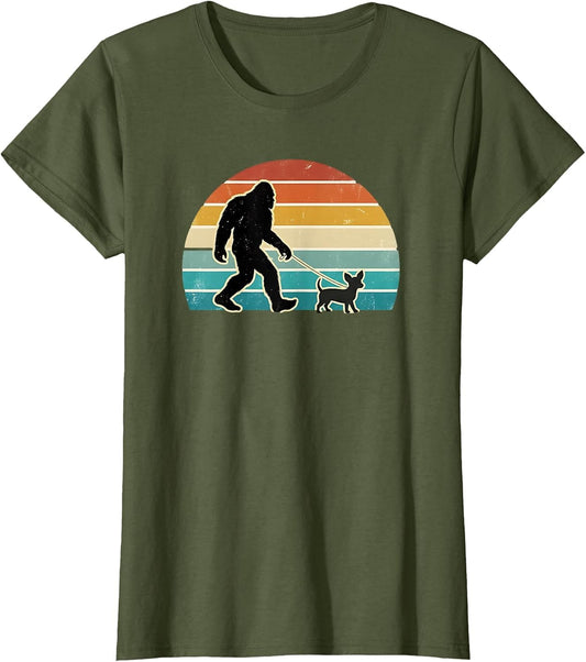 Funny Bigfoot Walking Chiweenie Retro Sunset Dog