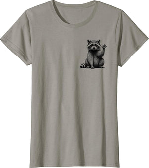 Cute Waving Raccoon in Drawing Style on Chest