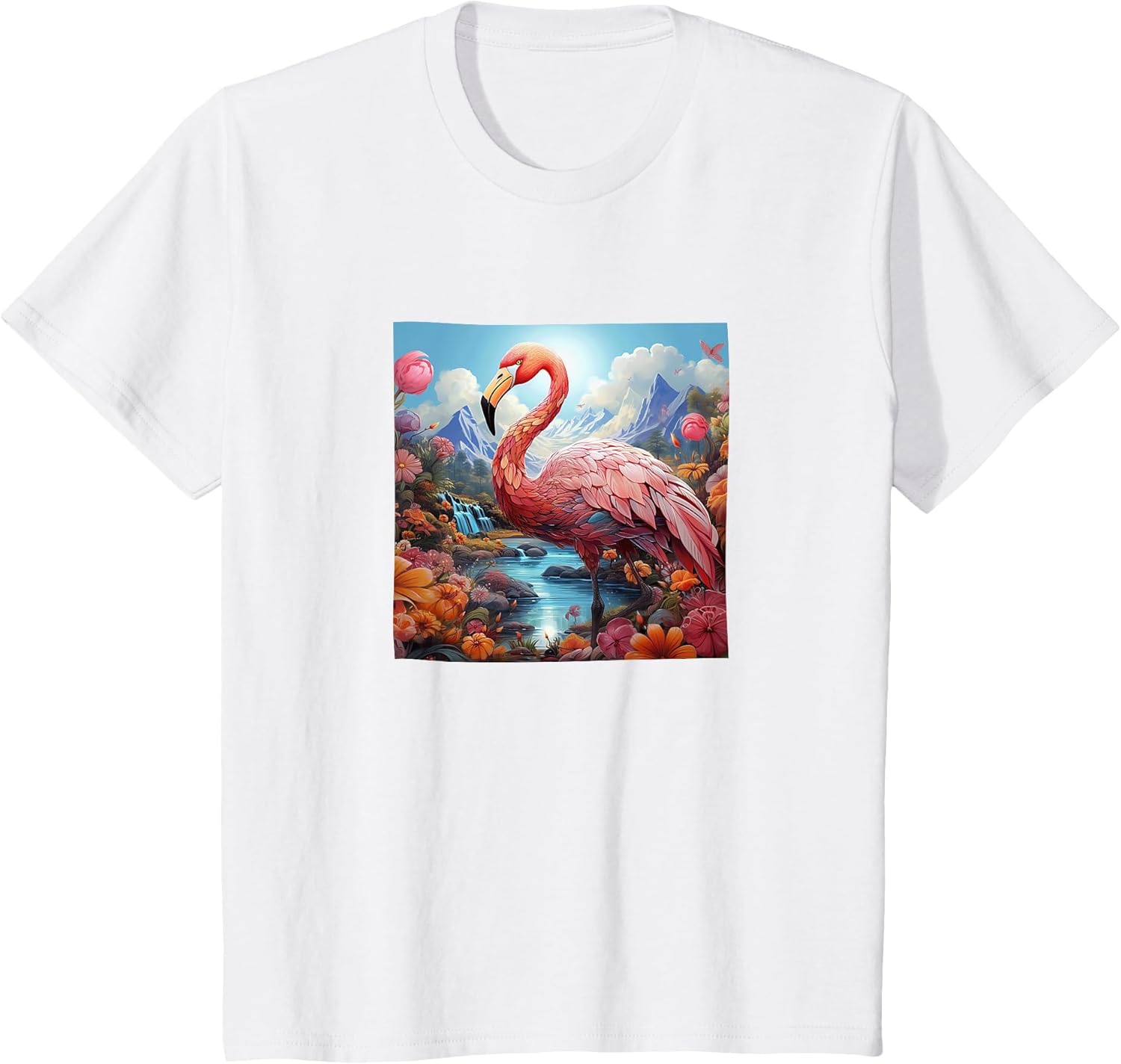 Flamingo Colorful River Mountains Flowers Graphic