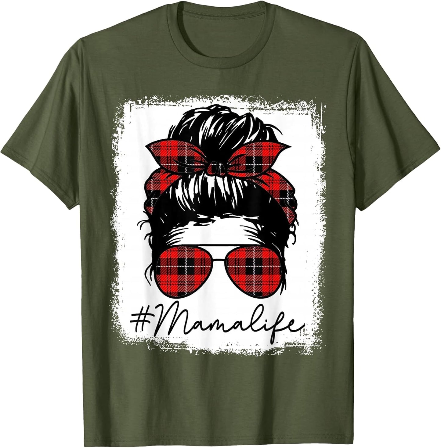 Mama Mom Life Shirts Red Plaid Bandana Messy Bun