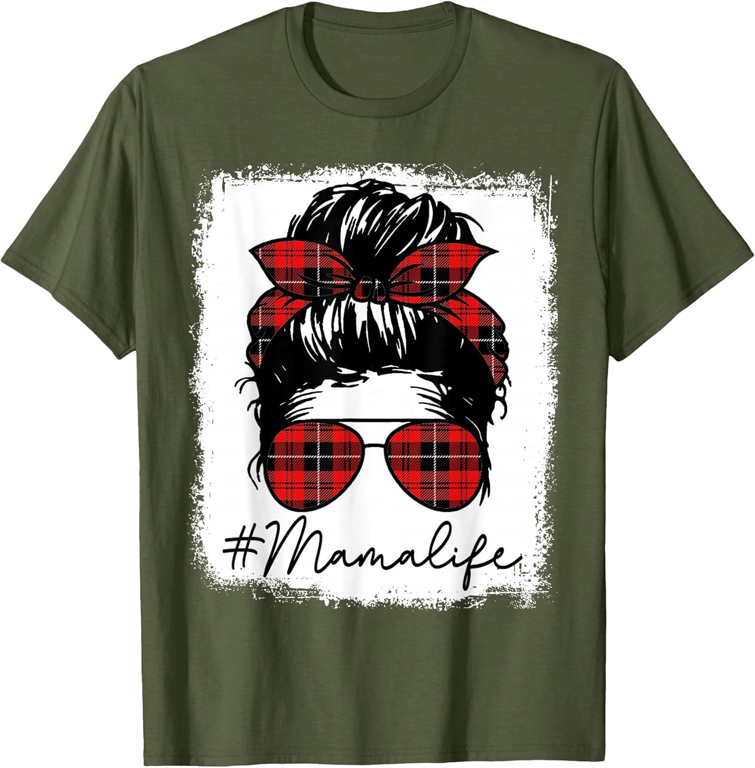 Mama Mom Life Shirts Red Plaid Bandana Messy Bun