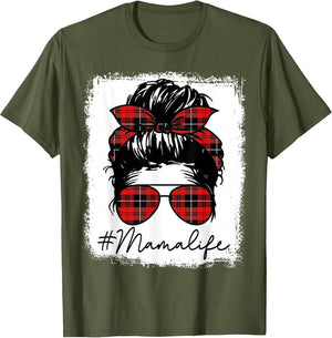 Mama Mom Life Shirts Red Plaid Bandana Messy Bun
