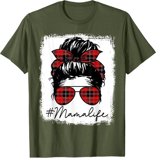 Mama Mom Life Shirts Red Plaid Bandana Messy Bun