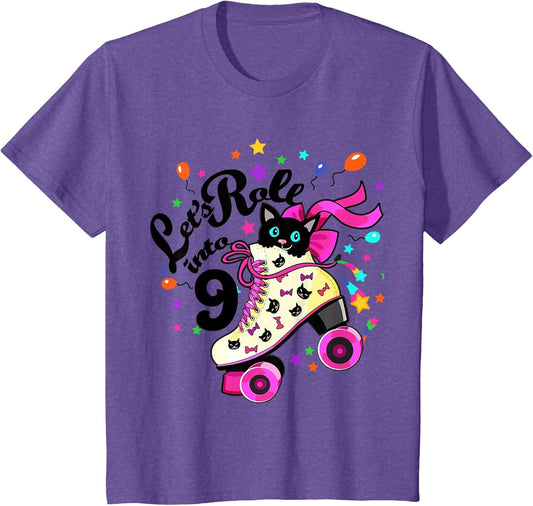 Kids 9 Year Old Birthday Shirt Girl Roller Skate Cat Bday Dress