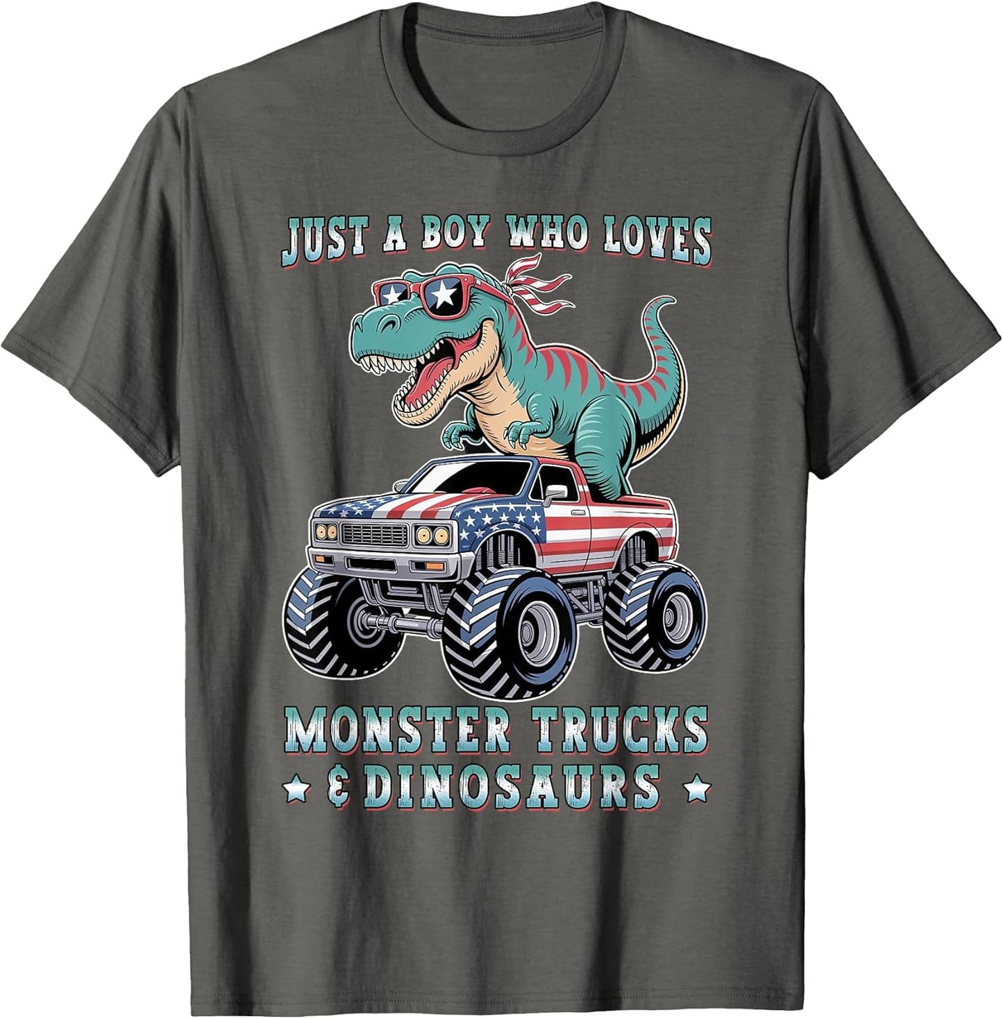 Just A Boy Who Loves Monster Trucks Dinosaurs Trex USA Flag