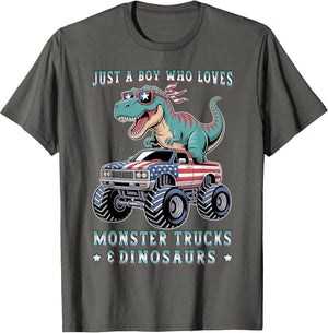 Just A Boy Who Loves Monster Trucks Dinosaurs Trex USA Flag