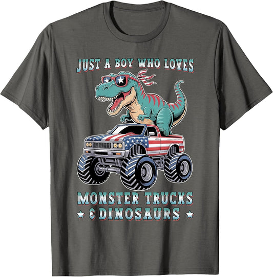 Just A Boy Who Loves Monster Trucks Dinosaurs Trex USA Flag