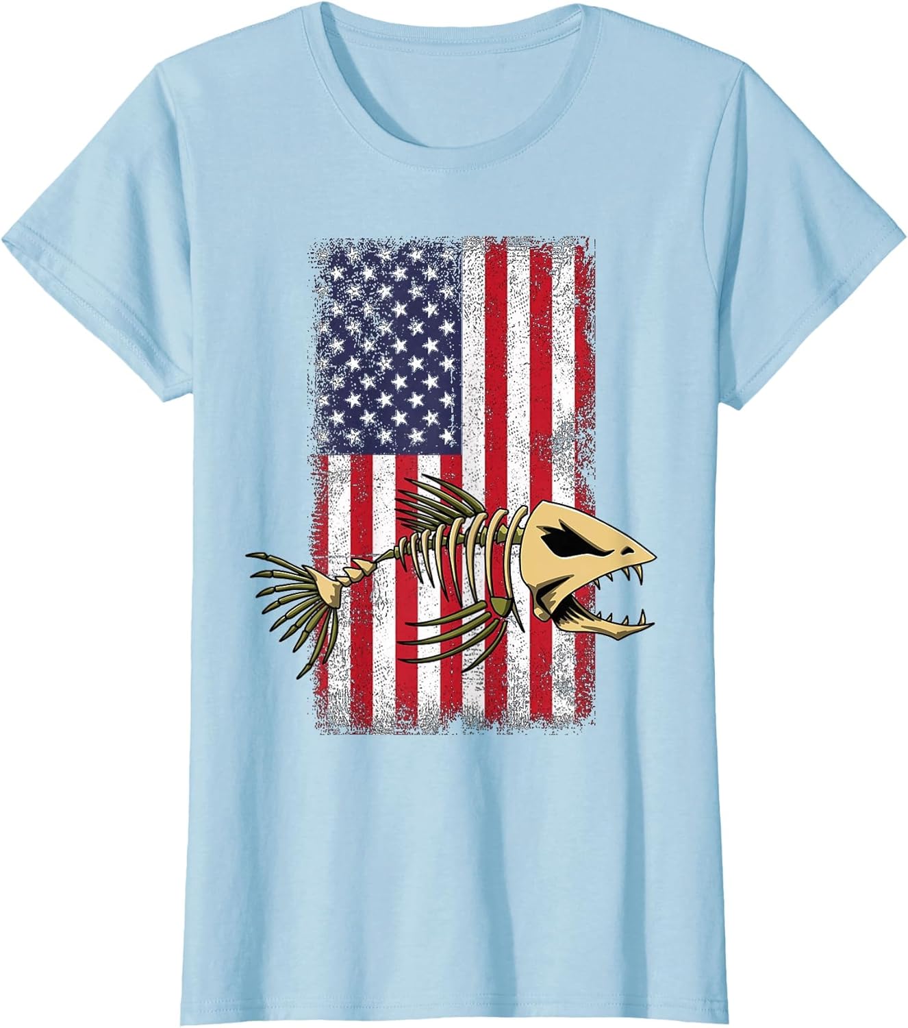 Fish USA Flag Shirts Skeleton Fish Bone Sharp Teeth