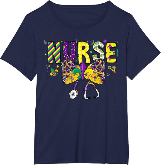 Nurse Mardi Gras Coquette Bow Stethoscope Girls Women , Women's Plus, Navy Blue, 6X