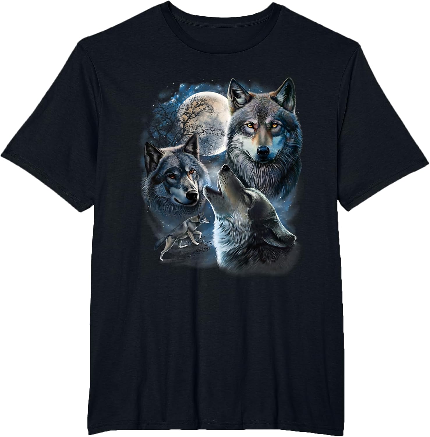 Grey Wolf Under Full Moon, Space, Galaxy, and Stars