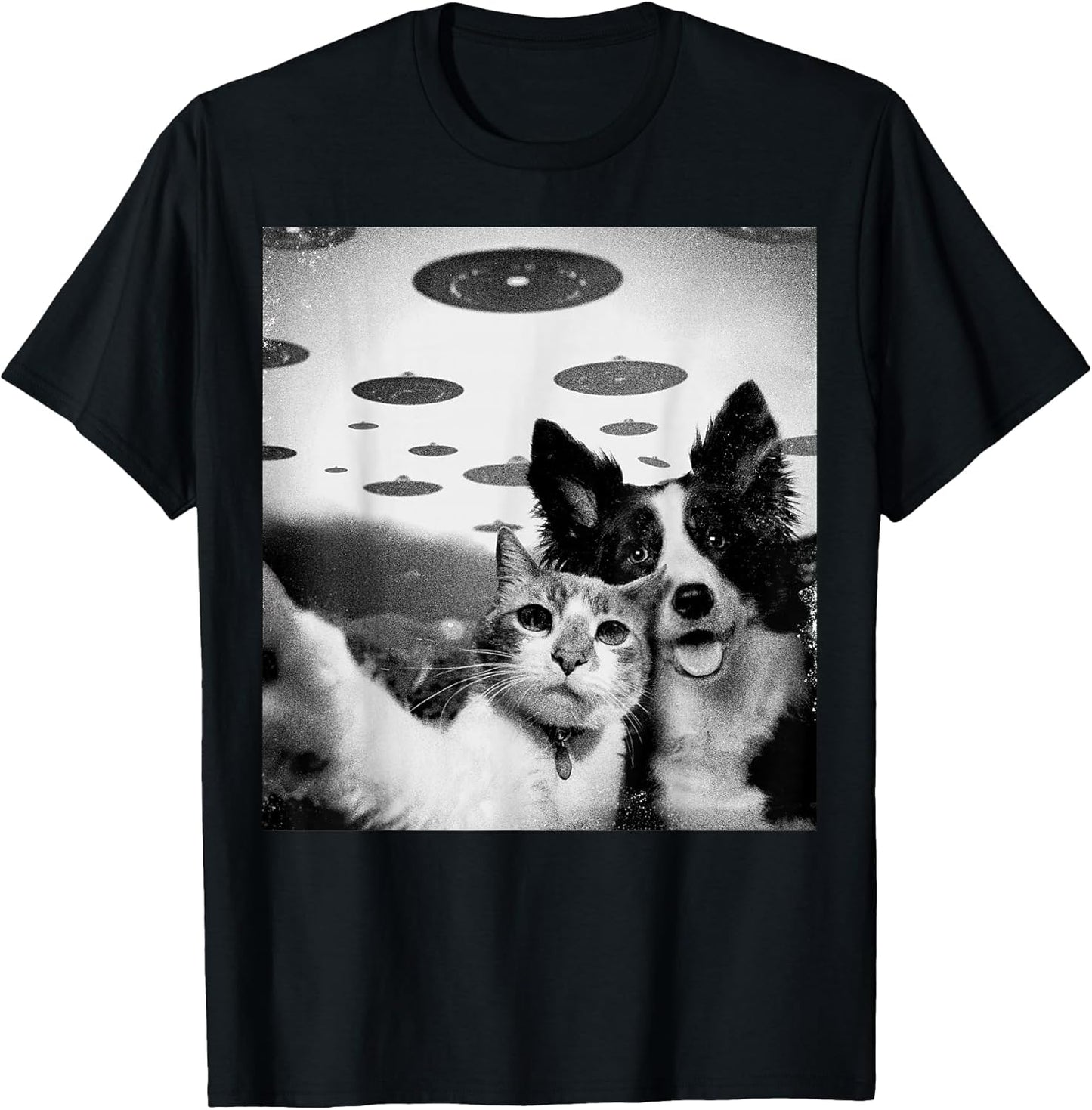 Cat And Dog Selfie With Alien UFOs Funny Weird Graphic