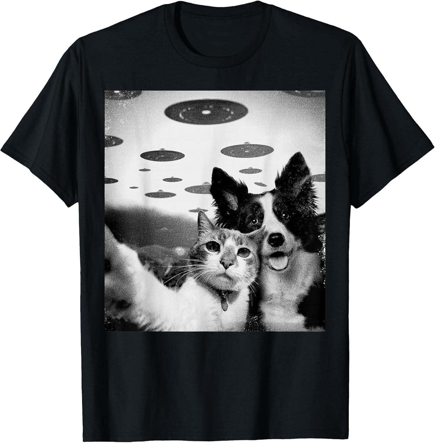 Cat And Dog Selfie With Alien UFOs Funny Weird Graphic