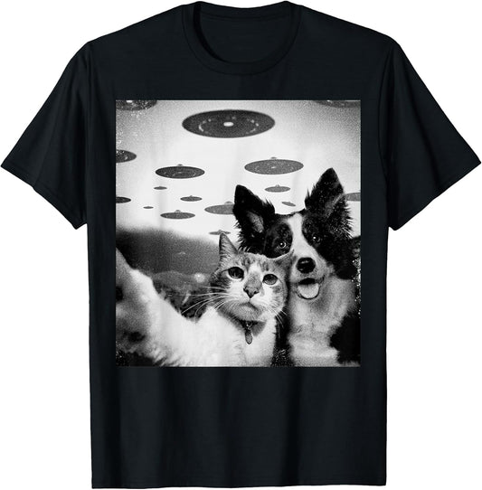Cat And Dog Selfie With Alien UFOs Funny Weird Graphic