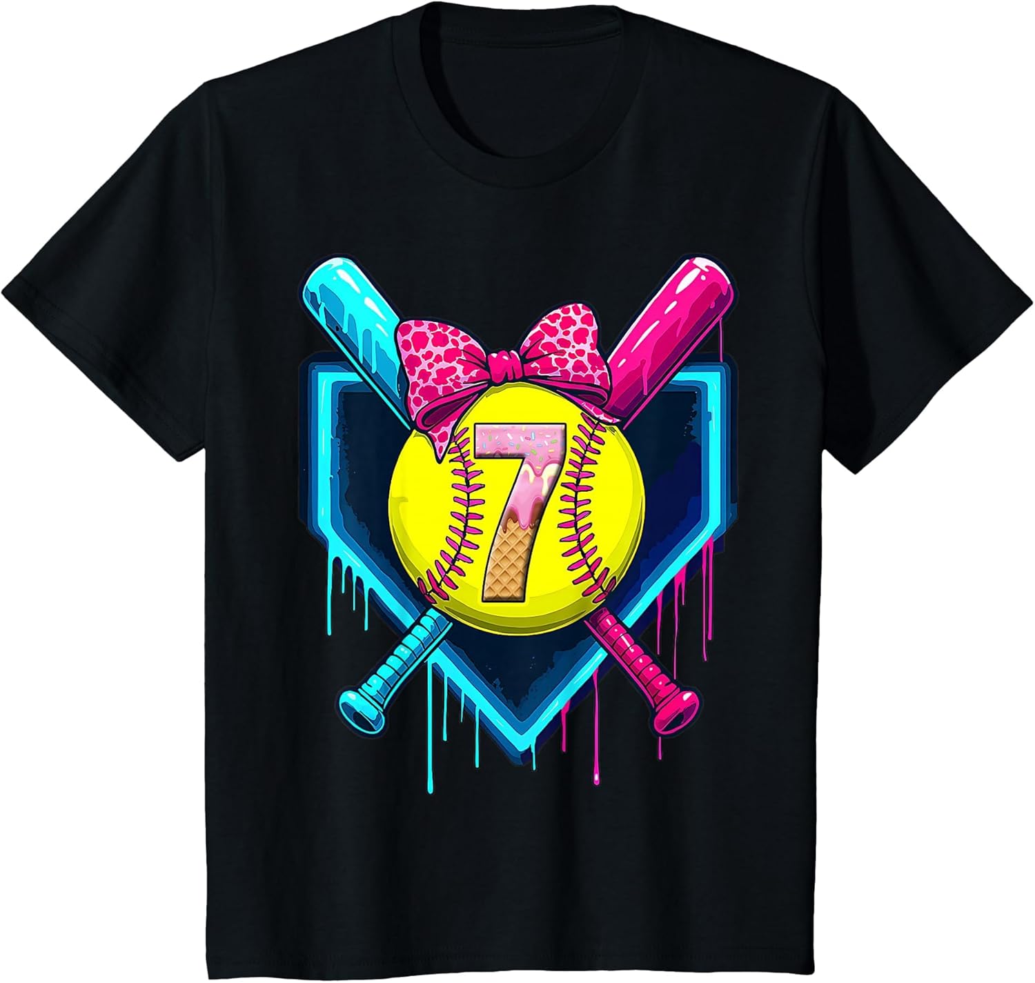 Softball 7 Years Old Ice Cream Drip 7th Birthday Girl