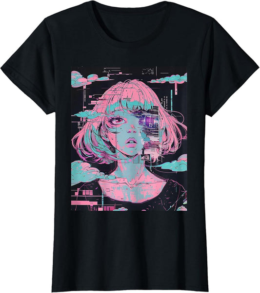 Anime Girl Vaporwave Glitchcore Pastel Goth Distressed