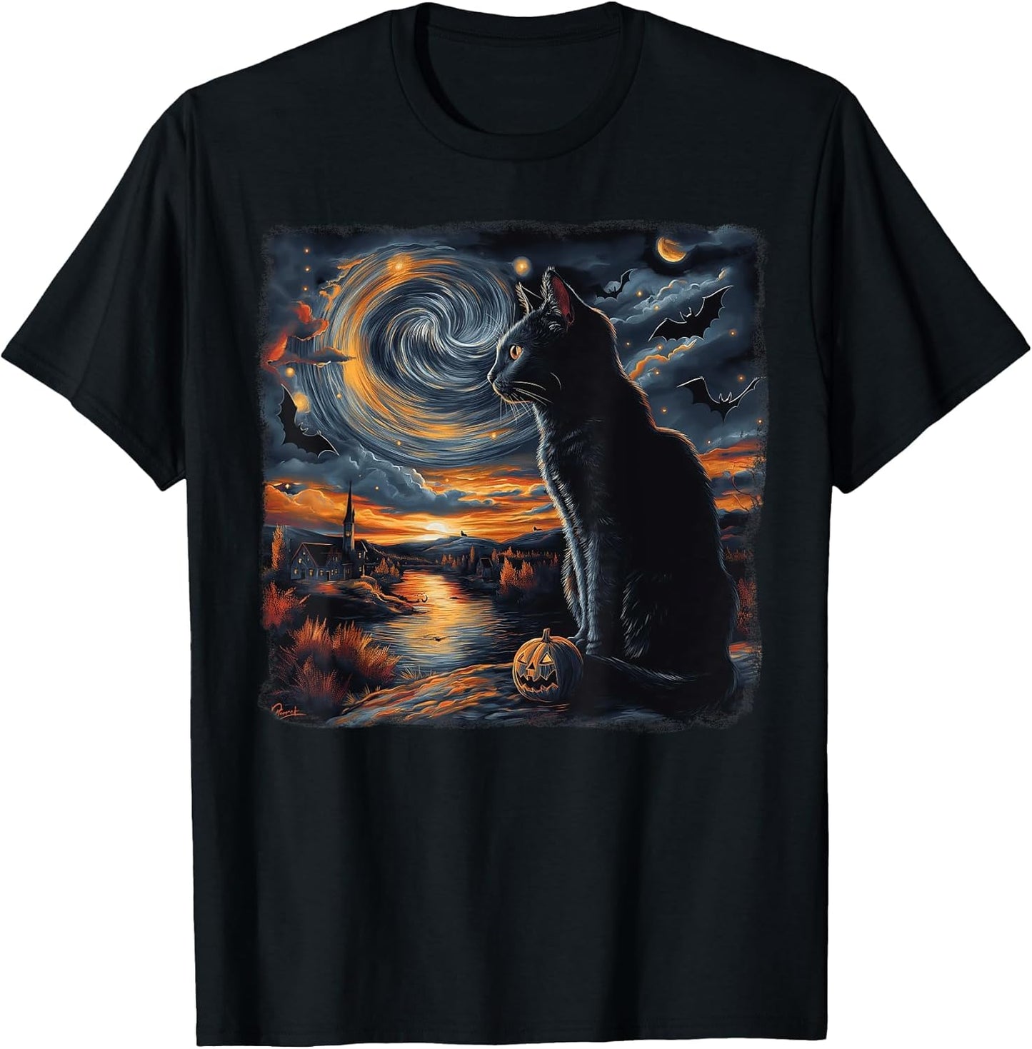 Black Cat Van Gogh Starry Night Funny Pumpkin Bats Halloween