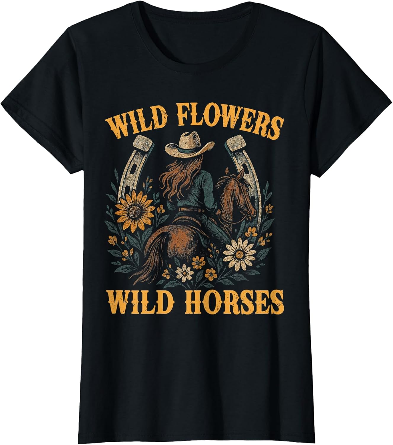 Retro Southern Sunset Wild Cowgirl Flowers - Wild Horses