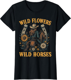 Retro Southern Sunset Wild Cowgirl Flowers - Wild Horses