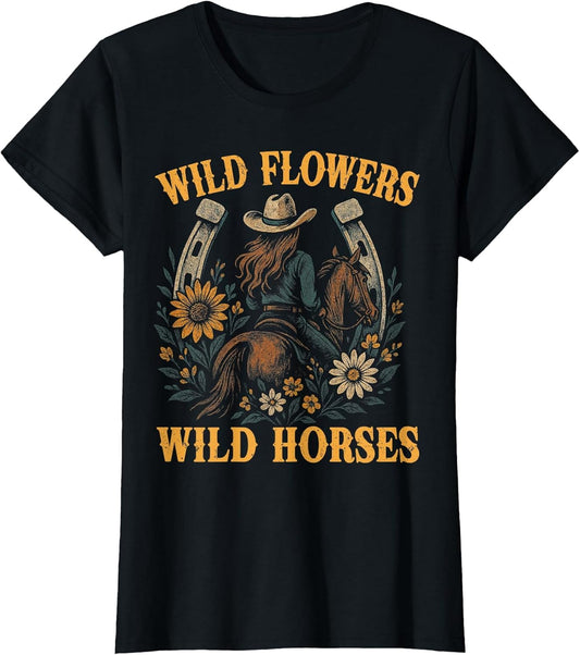 Retro Southern Sunset Wild Cowgirl Flowers - Wild Horses