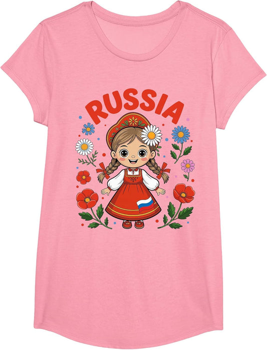 Cute Russia Girl Traditional Folk Dress and Flowers for Kids