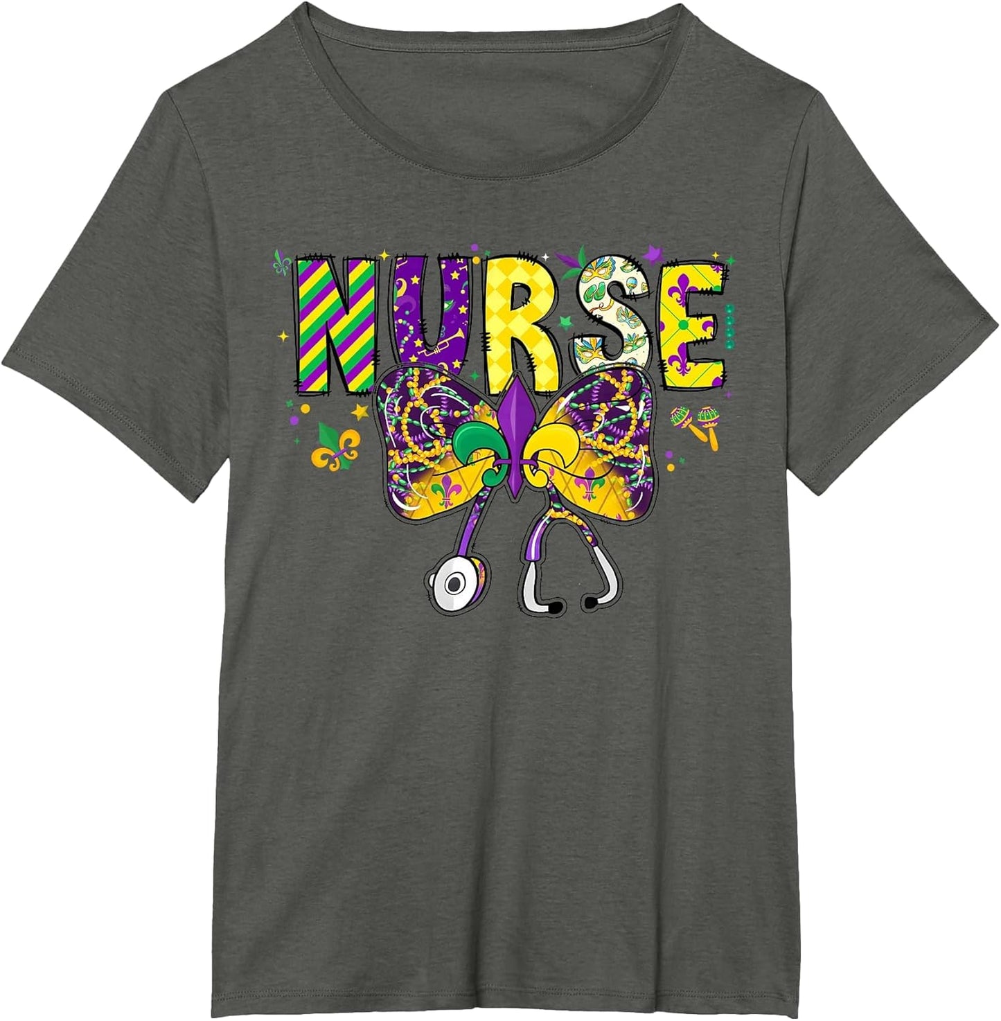 Nurse Mardi Gras Coquette Bow Stethoscope Girls Women , Women's Plus, Asphalt Grey, 1X