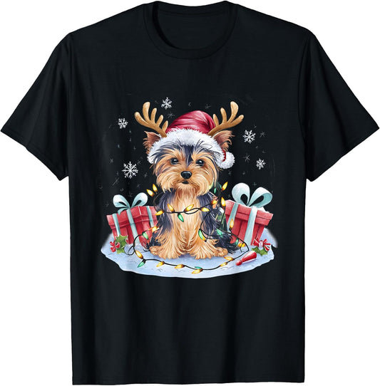 Funny Santa Yorkie Dog Reindeer Christmas Lights Dog Lover