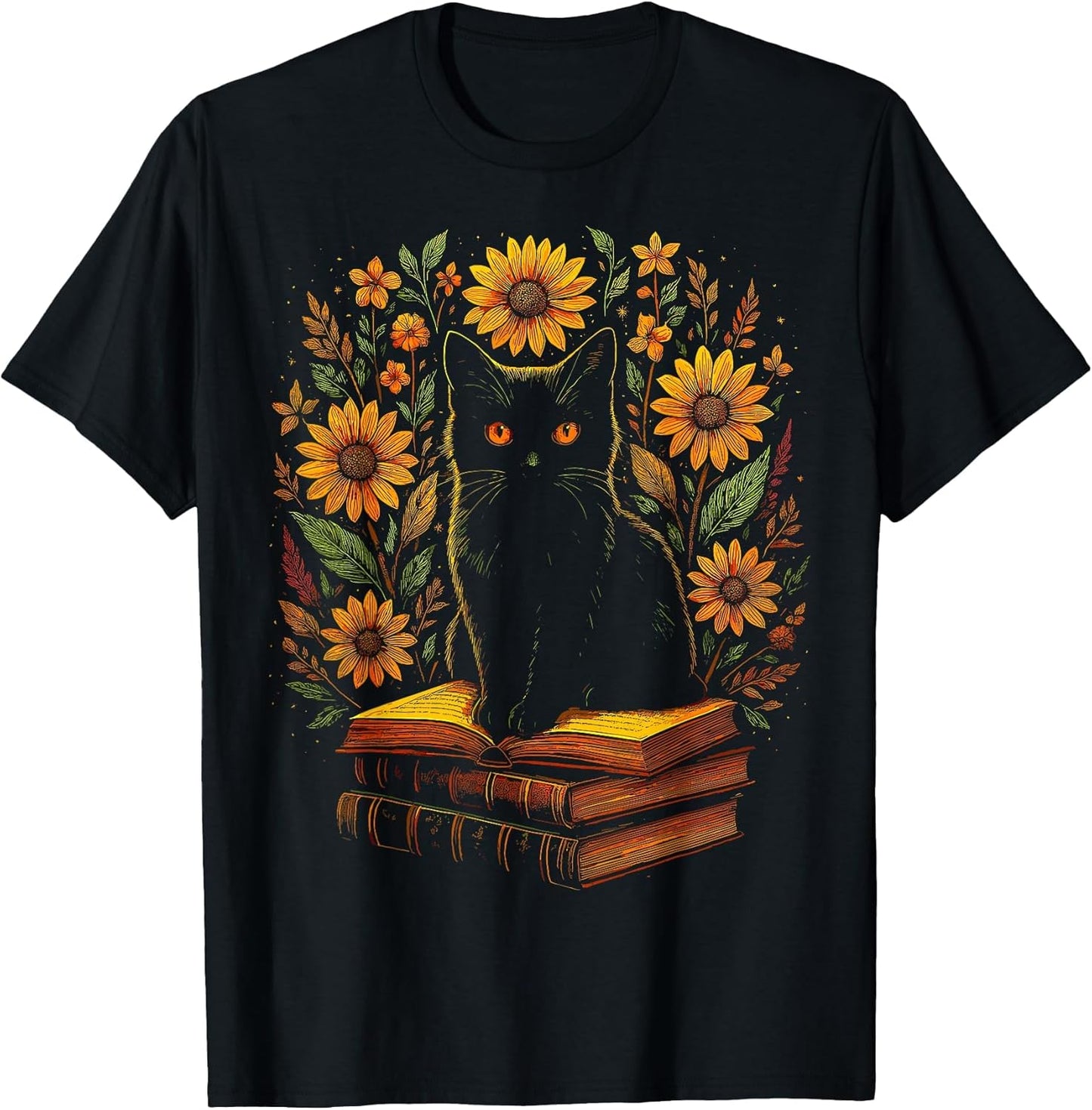 Vintage Black Cat Sunflower Books Reading