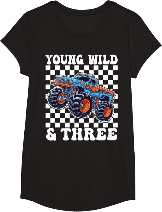 3rd Birthday Monster Truck Young Wild and Three 3 Year Old