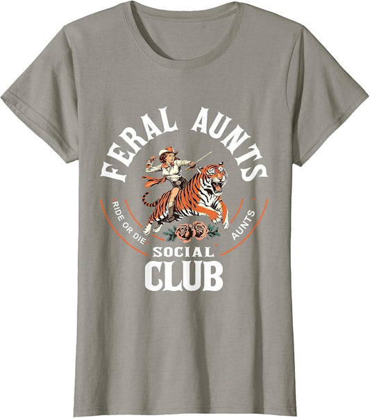 Feral Aunts Social Club Western Cowgirl Riding Tiger Retro