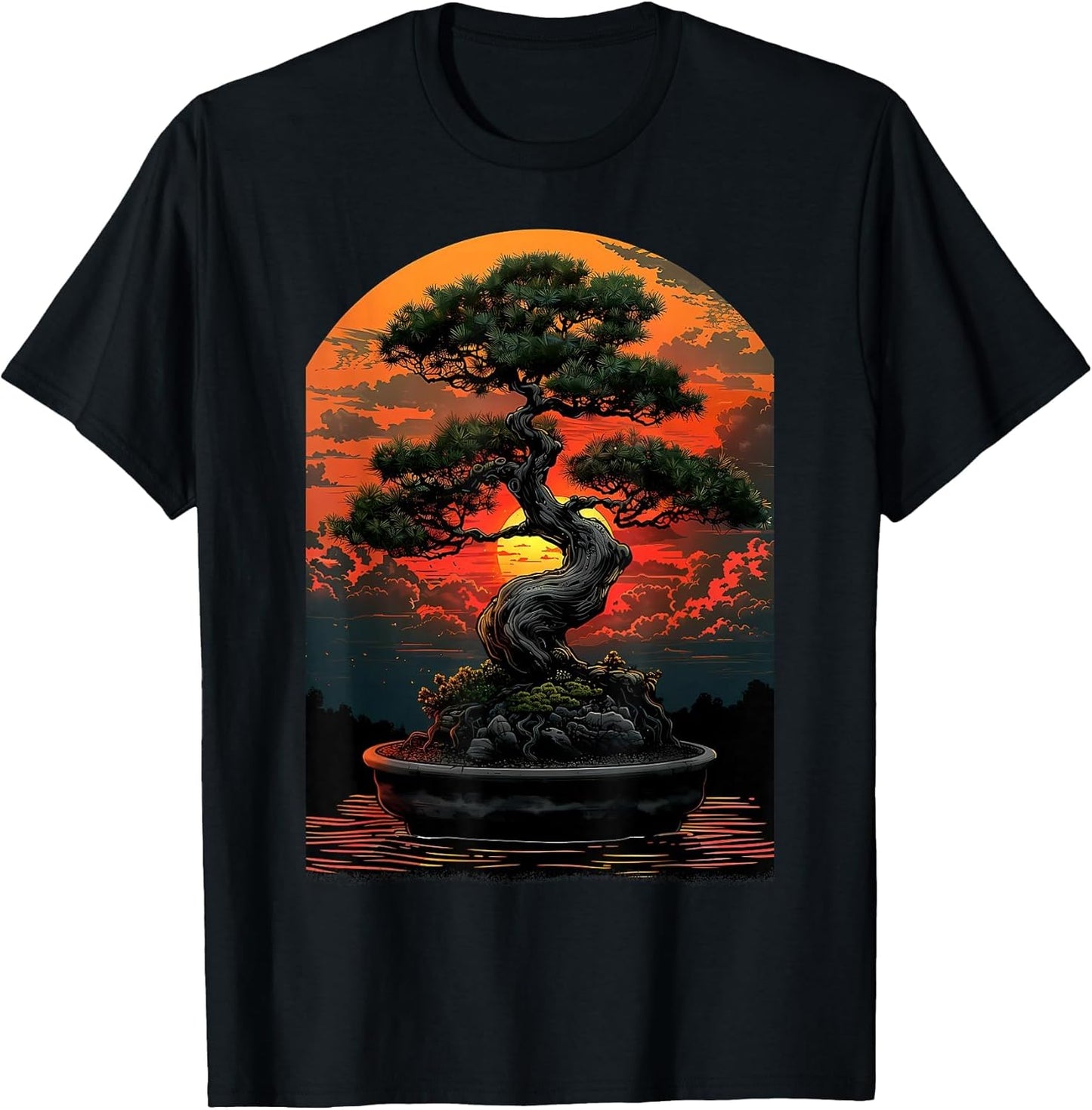 Bonsai Tree Sunset Art, Zen Japanese Garden, Tranquil Nature
