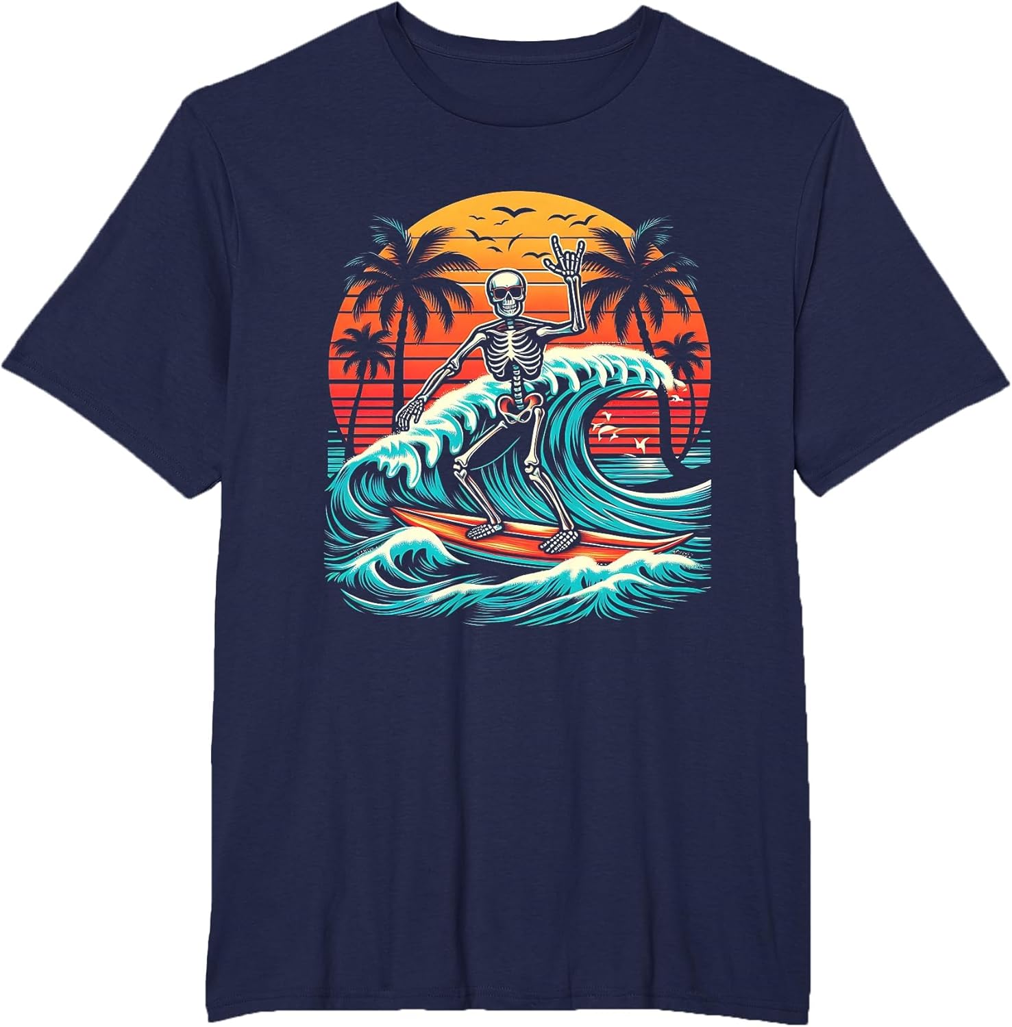 Skeleton Riding Wave Vintage Palm s Tree Beach Halloween