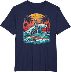 Skeleton Riding Wave Vintage Palm s Tree Beach Halloween